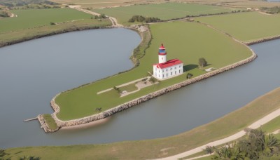 outdoors,day,water,tree,no humans,grass,building,nature,scenery,road,house,bridge,river,castle,tower,boat,landscape,lake,path,sky,ocean,motor vehicle,forest,field,traffic cone,lighthouse