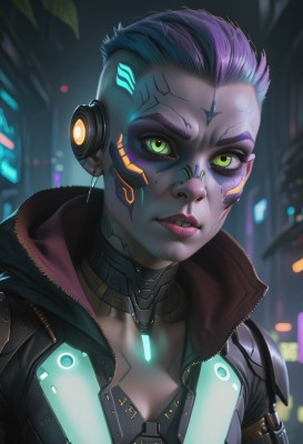 1girl,solo,breasts,looking at viewer,short hair,cleavage,jewelry,green eyes,collarbone,jacket,upper body,pink hair,purple hair,multicolored hair,earrings,parted lips,open clothes,teeth,artist name,mole,blurry,official alternate costume,dark-skinned female,lips,mole under eye,makeup,blurry background,glowing,headphones,facial mark,lipstick,portrait,eyeshadow,science fiction,asymmetrical hair,nose,android,eyeliner,very short hair,undercut,cyborg,purple lips,robot joints,neon trim,mascara,cyberpunk,mechanical parts,signature,eyelashes,tattoo,colored skin,glowing eyes,close-up,zipper,freckles,realistic,unzipped,facial tattoo,earpiece