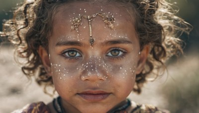 1girl,solo,looking at viewer,short hair,blonde hair,brown hair,hair ornament,brown eyes,jewelry,closed mouth,parted lips,dark skin,blurry,dark-skinned female,lips,eyelashes,depth of field,blurry background,portrait,close-up,freckles,curly hair,circlet,realistic,nose,necklace,wind