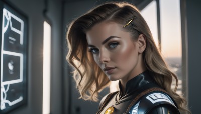 1girl,solo,long hair,looking at viewer,blue eyes,blonde hair,brown hair,hair ornament,closed mouth,upper body,hairclip,blurry,lips,bodysuit,makeup,wavy hair,portrait,freckles,science fiction,realistic,nose,jewelry,earrings,uniform,eyelashes,blurry background,backlighting,hair behind ear