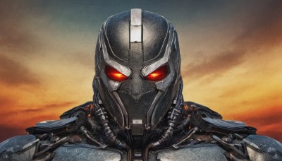 solo,looking at viewer,red eyes,1boy,upper body,male focus,sky,armor,orange eyes,no humans,mask,glowing,helmet,robot,portrait,glowing eyes,science fiction,realistic,straight-on,shiny,close-up,retro artstyle,cable,power armor