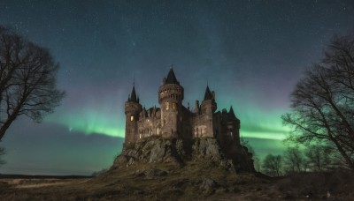 outdoors,sky,signature,tree,no humans,night,grass,building,star (sky),night sky,scenery,starry sky,bare tree,castle,tower,fantasy,landscape,aurora