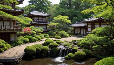 outdoors,day,water,tree,no humans,grass,building,nature,scenery,forest,rock,bush,architecture,house,bridge,east asian architecture,river,waterfall,pond,plant,moss,stone