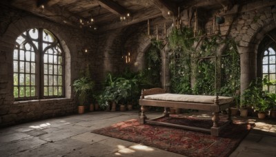 day,indoors,tree,no humans,window,chair,table,sunlight,plant,scenery,couch,light rays,wooden floor,stairs,door,potted plant,candle,vines,pillar,ceiling,carpet,arch,candlestand,rug,chandelier,fantasy,wall,stone wall