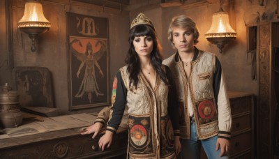 long hair,breasts,looking at viewer,smile,short hair,bangs,multiple girls,blonde hair,brown hair,black hair,long sleeves,hat,2girls,brown eyes,jewelry,pants,indoors,necklace,black eyes,vest,lips,denim,jeans,realistic,lamp,painting (object),drawer,1boy,cleavage,earrings,map