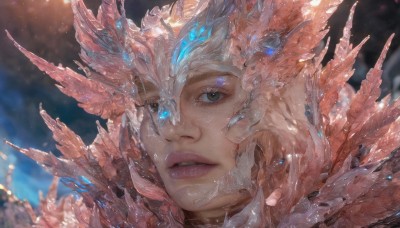 1girl,solo,looking at viewer,blue eyes,brown eyes,green eyes,parted lips,teeth,artist name,blurry,lips,eyelashes,depth of field,blurry background,glowing,heterochromia,helmet,feathers,gem,portrait,close-up,crystal,realistic,nose,white hair,freckles,scales