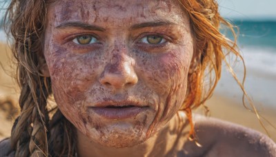 1girl,solo,long hair,looking at viewer,brown hair,brown eyes,closed mouth,braid,outdoors,parted lips,sky,day,blurry,twin braids,lips,depth of field,blurry background,ocean,beach,portrait,close-up,freckles,realistic,sand,dirty,dirty face,orange hair,mole,wind,messy hair,straight-on,desert,mole on cheek