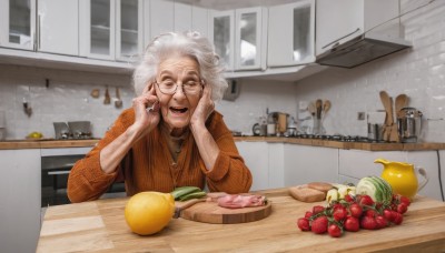 1girl,solo,looking at viewer,smile,open mouth,shirt,1boy,brown eyes,jewelry,upper body,white hair,:d,grey hair,male focus,food,glasses,teeth,indoors,necklace,sweater,window,fruit,chair,parody,table,ring,bowl,realistic,strawberry,round eyewear,hands on own face,old,old man,kitchen,banana,sink,counter,old woman,wrinkled skin,cutting board,short hair,long sleeves,knife,plate,brown sweater,orange (fruit),lemon,potato,eyewear strap,onion