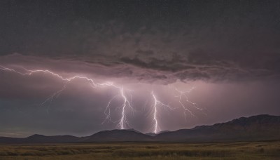 solo,outdoors,sky,cloud,no humans,night,cloudy sky,grass,star (sky),night sky,scenery,starry sky,mountain,electricity,field,lightning,landscape,mountainous horizon,monochrome,horizon,dark