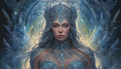 1girl,solo,long hair,breasts,looking at viewer,blue eyes,hair ornament,bare shoulders,jewelry,upper body,grey hair,earrings,parted lips,artist name,armor,lips,grey eyes,tiara,feathers,gem,portrait,crystal,realistic,headpiece,fantasy,straight-on,medium breasts,closed mouth,necklace,headdress