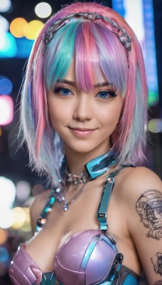 1girl,solo,breasts,looking at viewer,smile,short hair,bangs,blue eyes,cleavage,bare shoulders,jewelry,medium breasts,closed mouth,blue hair,upper body,pink hair,multicolored hair,hairband,necklace,bra,blurry,two-tone hair,lips,eyelashes,aqua hair,tattoo,gradient hair,makeup,depth of field,blurry background,realistic,nose,arm tattoo,bokeh,braid,bikini,nail polish,eyeshadow,cyberpunk