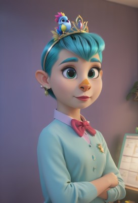 1girl,solo,smile,short hair,shirt,long sleeves,bow,jewelry,closed mouth,green eyes,blue hair,white shirt,upper body,hairband,earrings,collared shirt,artist name,indoors,bowtie,red bow,aqua eyes,lips,eyelashes,aqua hair,makeup,buttons,bird,animal,crossed arms,thick eyebrows,crown,lipstick,pink bow,red bowtie,personification,nose,on head,stud earrings,animal on head,humanization,bird on head,looking at viewer,pointy ears,leaf,watermark,tiara,blue shirt,plant,web address