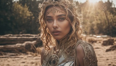 1girl,solo,long hair,looking at viewer,blonde hair,brown hair,hair ornament,brown eyes,jewelry,upper body,outdoors,parted lips,day,dark skin,armor,blurry,dark-skinned female,tree,lips,eyelashes,depth of field,blurry background,wavy hair,sunlight,portrait,nature,curly hair,circlet,realistic