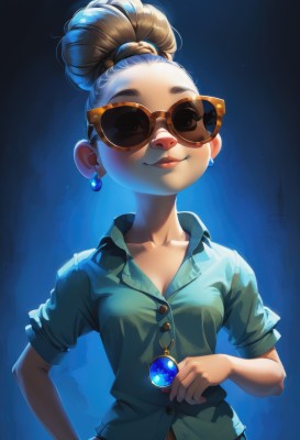 1girl,solo,breasts,looking at viewer,smile,brown hair,shirt,holding,jewelry,collarbone,upper body,short sleeves,earrings,small breasts,parted lips,collared shirt,hair bun,lips,hand on hip,dress shirt,buttons,blue background,single hair bun,sunglasses,blue shirt,gem,forehead,backlighting,green shirt,unbuttoned,tinted eyewear,partially unbuttoned,updo,cleavage,shiny,necklace,makeup,thick eyebrows,pendant,nose,yellow-framed eyewear,aviator sunglasses