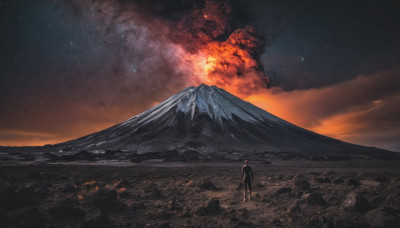 solo, 1boy, standing, male focus, outdoors, sky, cloud, night, fire, star (sky), night sky, scenery, starry sky, mountain