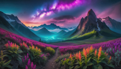 flower, outdoors, sky, cloud, dutch angle, no humans, night, grass, star (sky), night sky, scenery, starry sky, mountain, road, field, flower field, landscape, mountainous horizon, purple sky