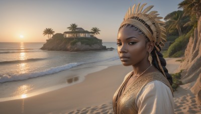 1girl,solo,long hair,looking at viewer,black hair,brown eyes,jewelry,closed mouth,upper body,braid,hairband,earrings,outdoors,sky,dark skin,water,necklace,black eyes,vest,from side,dark-skinned female,tree,lips,looking to the side,ocean,beach,sunlight,scenery,sunset,realistic,nose,sand,palm tree,sun,horizon,headdress,very dark skin,lake,shore,native american,headband