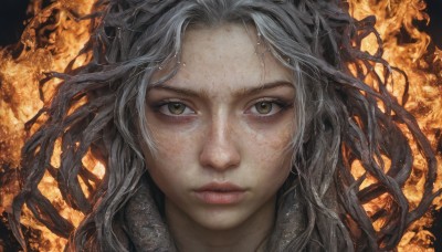 1girl,solo,long hair,looking at viewer,brown eyes,closed mouth,yellow eyes,grey hair,lips,eyelashes,fire,portrait,close-up,forehead,freckles,realistic,straight-on,expressionless,nose