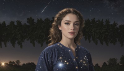 1girl,solo,long hair,looking at viewer,brown hair,shirt,brown eyes,upper body,outdoors,parted lips,sky,star (symbol),tree,lips,grey eyes,night,buttons,wavy hair,blue shirt,star (sky),nature,night sky,starry sky,curly hair,realistic,shooting star,constellation,teeth,scenery,milky way