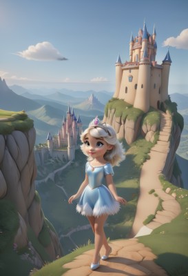 1girl,solo,long hair,smile,blue eyes,dress,jewelry,standing,white hair,short sleeves,outdoors,sky,shoes,day,cloud,necklace,blue sky,blue dress,white footwear,grass,tiara,crown,child,scenery,walking,mountain,fantasy,female child,castle,short hair,open mouth,blonde hair,full body,flower,artist name,high heels,tree,aged down,cliff