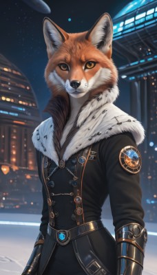 solo,looking at viewer,gloves,long sleeves,1boy,animal ears,brown eyes,closed mouth,standing,jacket,yellow eyes,male focus,cowboy shot,outdoors,sky,belt,pants,artist name,signature,coat,black jacket,orange eyes,fur trim,no humans,night,buttons,animal,black pants,gauntlets,building,star (sky),night sky,furry,buckle,starry sky,fur collar,black coat,city,arms at sides,vambraces,double-breasted,furry male,body fur,white fur,badge,fox,orange fur,1girl,upper body,science fiction,gold trim,realistic