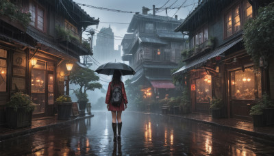 1girl, solo, long hair, skirt, black hair, holding, standing, outdoors, sky, socks, cloud, water, bag, from behind, black footwear, tree, kneehighs, window, umbrella, backpack, plant, black socks, building, scenery, reflection, rain, lantern, holding umbrella, city, facing away, potted plant, road, house, power lines, street, utility pole