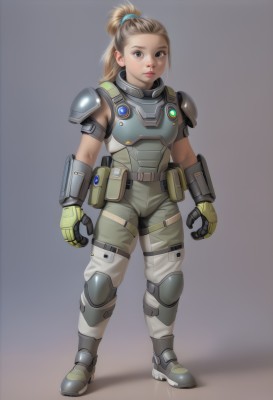 1girl,solo,long hair,looking at viewer,blonde hair,simple background,brown hair,gloves,brown eyes,closed mouth,standing,full body,ponytail,boots,belt,pants,grey background,armor,lips,grey eyes,bodysuit,shoulder armor,gauntlets,clenched hands,short ponytail,pauldrons,pouch,breastplate,realistic,nose,arms at sides,knee pads,hair pulled back,topknot,green gloves,armored boots