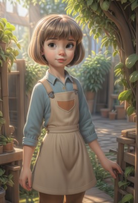 1girl,solo,looking at viewer,short hair,bangs,brown hair,shirt,long sleeves,brown eyes,standing,pantyhose,cowboy shot,outdoors,parted lips,day,collared shirt,blurry,apron,tree,lips,depth of field,leaf,sunlight,bob cut,blue shirt,plant,wing collar,sleeves rolled up,backlighting,brown pantyhose,nose,potted plant,overalls,smile,hair ornament,hairclip,freckles,realistic,fence