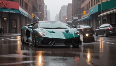 outdoors,no humans,ground vehicle,building,scenery,motor vehicle,reflection,rain,city,sign,car,road,vehicle focus,lamppost,street,skyscraper,traffic light,sports car