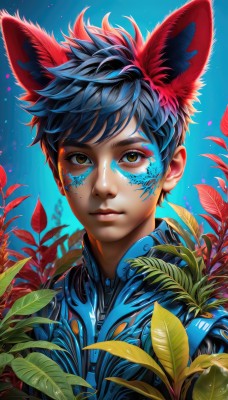 solo,looking at viewer,smile,short hair,bangs,black hair,1boy,animal ears,brown eyes,closed mouth,blue hair,upper body,male focus,sky,artist name,cat ears,lips,eyelashes,leaf,blue background,facial mark,plant,portrait,zipper,nose,facepaint,shirt,jacket,multicolored hair,signature,gradient,fox ears,gradient background,makeup,blue shirt,light particles,extra ears,freckles,paint splatter,paint