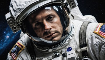 solo,looking at viewer,1boy,closed mouth,upper body,male focus,black eyes,facial hair,helmet,portrait,star (sky),reflection,realistic,space,planet,earth (planet),american flag,spacesuit,astronaut,spacecraft,space helmet,united states