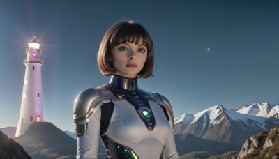 1girl,solo,breasts,looking at viewer,short hair,bangs,brown hair,brown eyes,upper body,outdoors,parted lips,sky,armor,black eyes,lips,bodysuit,bob cut,star (sky),scenery,science fiction,mountain,realistic,spacesuit,blue eyes,black hair,small breasts,day,blue sky,night,nose