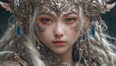 1girl,solo,long hair,looking at viewer,hair ornament,brown eyes,jewelry,closed mouth,braid,white hair,earrings,armor,blurry,lips,grey eyes,eyelashes,makeup,headgear,expressionless,feathers,gem,portrait,close-up,freckles,realistic,red lips,feather hair ornament,bangs,simple background,green eyes,wavy hair,headpiece,nose,headdress