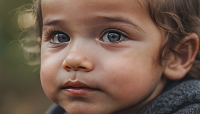 1girl,solo,looking at viewer,blonde hair,brown hair,1boy,brown eyes,closed mouth,male focus,blurry,lips,eyelashes,blurry background,portrait,close-up,realistic,nose,scarf