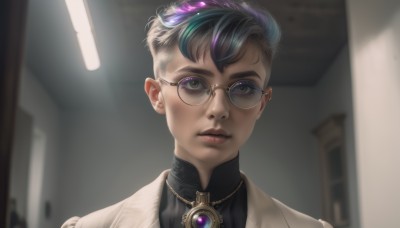 1girl,solo,looking at viewer,short hair,shirt,black hair,brown eyes,jewelry,closed mouth,purple hair,male focus,multicolored hair,earrings,glasses,indoors,necklace,blurry,two-tone hair,lips,streaked hair,black shirt,blurry background,piercing,brooch,portrait,androgynous,realistic,nose,round eyewear,door,undercut,bangs,jacket,parted lips,black eyes,very short hair,yellow-framed eyewear