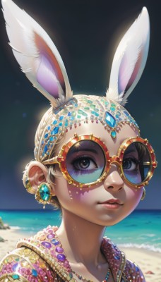 1girl,solo,looking at viewer,short hair,blonde hair,animal ears,brown eyes,jewelry,closed mouth,collarbone,upper body,braid,earrings,outdoors,sky,glasses,day,artist name,water,necklace,rabbit ears,blurry,lips,looking to the side,eyelashes,makeup,depth of field,blurry background,ocean,facial mark,looking away,beach,sunglasses,lipstick,gem,portrait,extra ears,eyeshadow,nose,round eyewear,sand,red lips,eyeliner,looking afar,gold,blue gemstone,mascara,yellow-framed eyewear,blue eyes,piercing,furry,rabbit girl