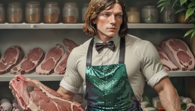 solo,short hair,blue eyes,brown hair,shirt,hair ornament,1boy,bow,holding,closed mouth,white shirt,upper body,short sleeves,male focus,food,collared shirt,indoors,bowtie,apron,looking to the side,black bow,muscular,plant,sleeves rolled up,freckles,veins,black bowtie,realistic,meat,teeth,hairclip,bottle,star hair ornament,jar