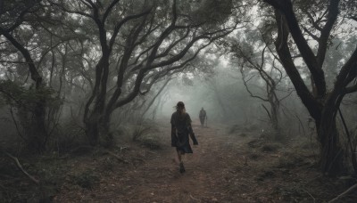 1girl,long hair,black hair,long sleeves,1boy,standing,male focus,outdoors,japanese clothes,multiple boys,day,2boys,kimono,from behind,black footwear,tree,sunlight,nature,scenery,forest,walking,facing away,black kimono,wide shot,path,ponytail,grass