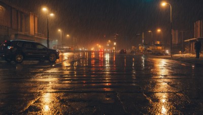 outdoors,sky,dutch angle,no humans,night,ground vehicle,building,night sky,scenery,motor vehicle,reflection,rain,city,car,light,road,vehicle focus,lamppost,street,city lights,lights,sports car,crosswalk,signature,water,wet,water drop,puddle,pavement