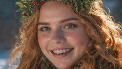 1girl,solo,long hair,looking at viewer,smile,blonde hair,brown hair,hair ornament,brown eyes,teeth,artist name,mole,grin,blurry,lips,eyelashes,depth of field,blurry background,watermark,wavy hair,portrait,christmas,freckles,curly hair,realistic,nose,head wreath,holly,mole on cheek,open mouth,close-up,wreath