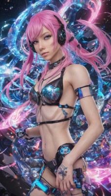 1girl,solo,long hair,breasts,looking at viewer,blue eyes,navel,twintails,jewelry,medium breasts,underwear,swimsuit,weapon,pink hair,bikini,cowboy shot,choker,nail polish,bra,lips,tattoo,thigh strap,headphones,science fiction,realistic,watermark