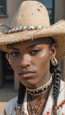 1girl,solo,long hair,looking at viewer,smile,black hair,hat,brown eyes,jewelry,upper body,braid,earrings,parted lips,teeth,choker,dark skin,necklace,mole,blurry,twin braids,dark-skinned female,lips,eyelashes,mole under eye,depth of field,blurry background,portrait,freckles,beads,hoop earrings,realistic,nose,brown headwear,straw hat,pearl necklace,mole on cheek,shirt,white shirt,gem,bead necklace,multiple braids