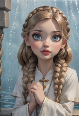 1girl,solo,long hair,looking at viewer,blush,blue eyes,blonde hair,long sleeves,dress,jewelry,upper body,braid,parted lips,artist name,wide sleeves,water,necklace,white dress,twin braids,lips,eyelashes,makeup,watermark,own hands together,cross,hair over shoulder,freckles,nose,red lips,own hands clasped,cross necklace,praying,bangs,parted bangs,rope,forehead,realistic,nun,mascara,latin cross