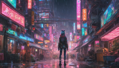 1girl, animal ears, standing, jacket, tail, boots, outdoors, from behind, night, umbrella, building, scenery, science fiction, rain, city, sign, facing away, road, street, city lights, cyberpunk, neon lights