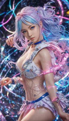 1girl,solo,long hair,breasts,looking at viewer,bangs,blue eyes,skirt,large breasts,hair ornament,cleavage,jewelry,medium breasts,blue hair,ponytail,pink hair,multicolored hair,cowboy shot,earrings,parted lips,choker,miniskirt,nail polish,blurry,bracelet,from side,two-tone hair,lips,see-through,parted bangs,tattoo,gradient hair,wavy hair,armlet,blue nails,realistic,navel,underwear,swimsuit,bikini,midriff,belt,artist name,signature,bra,watermark,piercing,pink nails,microskirt