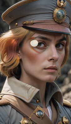 1girl,solo,looking at viewer,short hair,blonde hair,brown hair,shirt,hat,brown eyes,jewelry,jacket,multicolored hair,parted lips,teeth,collared shirt,artist name,orange hair,blurry,uniform,lips,military,military uniform,blurry background,facial mark,thick eyebrows,portrait,peaked cap,freckles,military hat,realistic,nose,eyelashes,gem,epaulettes,facepaint