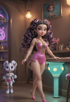 1girl,solo,long hair,breasts,looking at viewer,smile,black hair,hair ornament,cleavage,bare shoulders,jewelry,closed mouth,standing,collarbone,full body,purple hair,earrings,small breasts,shorts,artist name,indoors,signature,dark skin,necklace,nail polish,black eyes,high heels,bracelet,leotard,dark-skinned female,lips,grey eyes,short shorts,makeup,table,crossed legs,lipstick,pink nails,armlet,walking,curly hair,hoop earrings,mirror,anklet,pink footwear,red lips,bangle,lamp,candle,stool,pink shorts,pink leotard,bar (place),purple shorts,shoes,wavy hair,child,purple footwear,ballet slippers