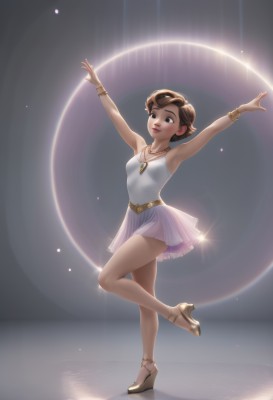 1girl,solo,breasts,smile,short hair,skirt,brown hair,dress,brown eyes,jewelry,standing,full body,small breasts,belt,armpits,necklace,high heels,arms up,bracelet,leotard,lips,leg up,standing on one leg,outstretched arms,dancing,ballerina,ballet slippers,ballet,tutu,bare shoulders,pantyhose,white dress,sparkle,goggles on head,tiptoes,spotlight