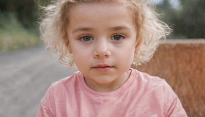 1girl,solo,looking at viewer,short hair,blonde hair,shirt,closed mouth,upper body,white hair,outdoors,day,blurry,lips,grey eyes,depth of field,blurry background,expressionless,messy hair,child,portrait,forehead,curly hair,pink shirt,realistic,female child,blue eyes,eyelashes,wind,freckles