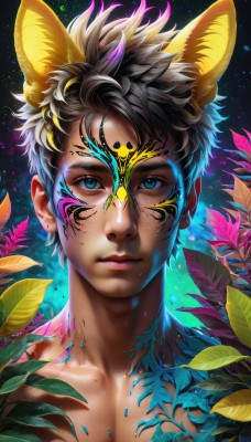 solo,looking at viewer,short hair,blue eyes,black hair,1boy,animal ears,jewelry,closed mouth,green eyes,collarbone,upper body,male focus,earrings,horns,artist name,aqua eyes,lips,fox ears,eyelashes,glowing,leaf,watermark,facial mark,plant,portrait,star (sky),extra ears,starry sky,topless male,realistic,nose,facepaint,bodypaint,dog ears